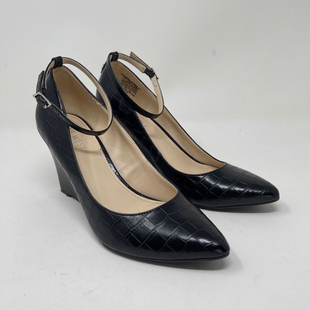 Nine West Black Croc-Embossed Pointed Toe Wedge Heels with Ankle Strap
